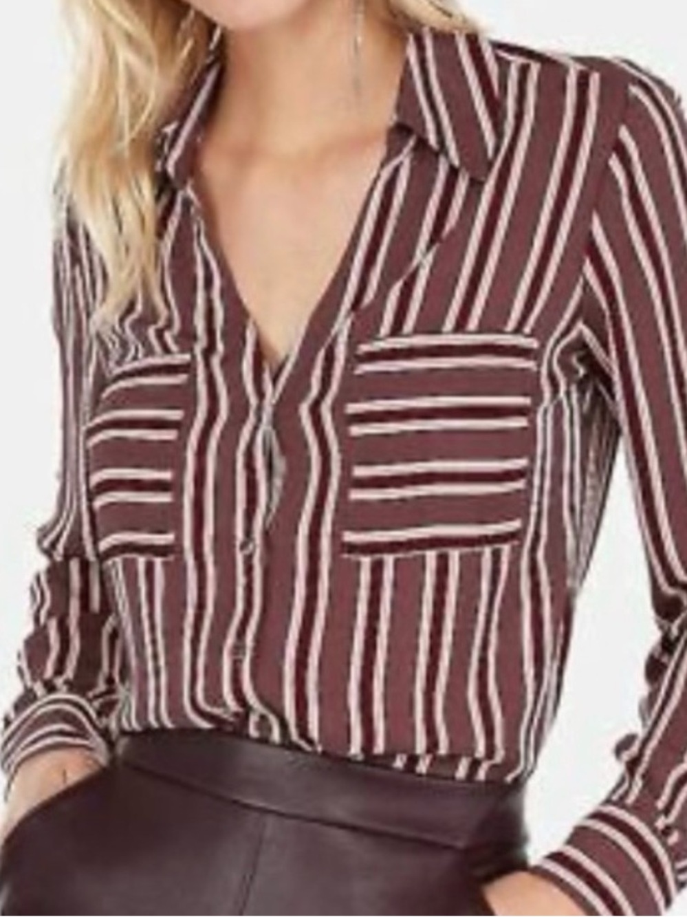 Express Portofino Burgundy, Plum and Cream Striped Button-Down Blouse M